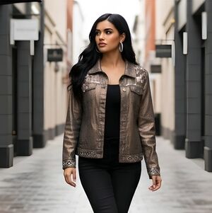 Chico's Metallic Bronze Gold Jean Jacket with Embellishments Size 2 (Large)